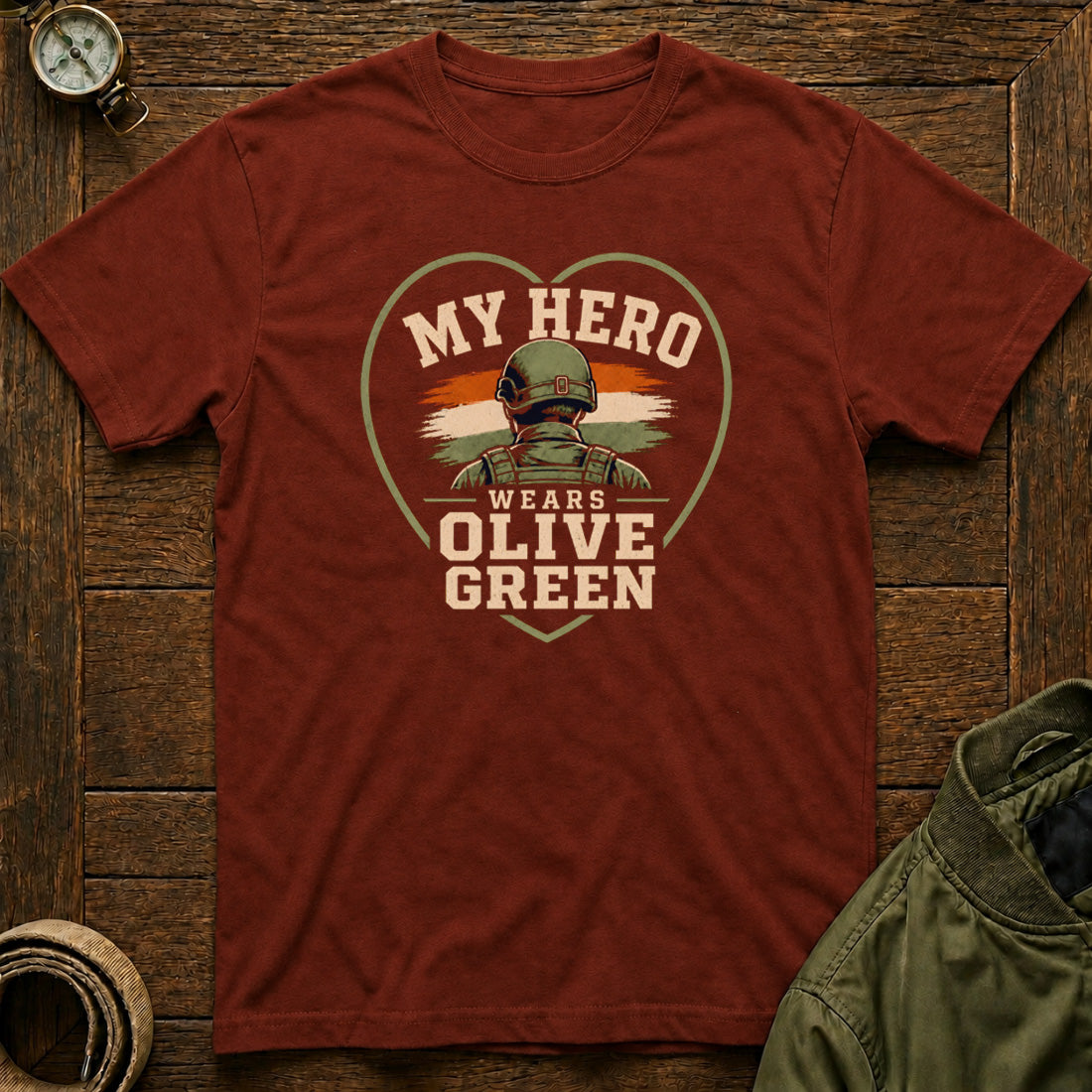 My Hero Wears Olive Green Brick Red