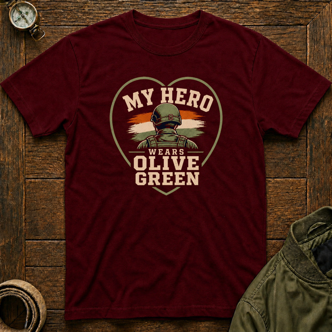 My Hero Wears Olive Green Maroon