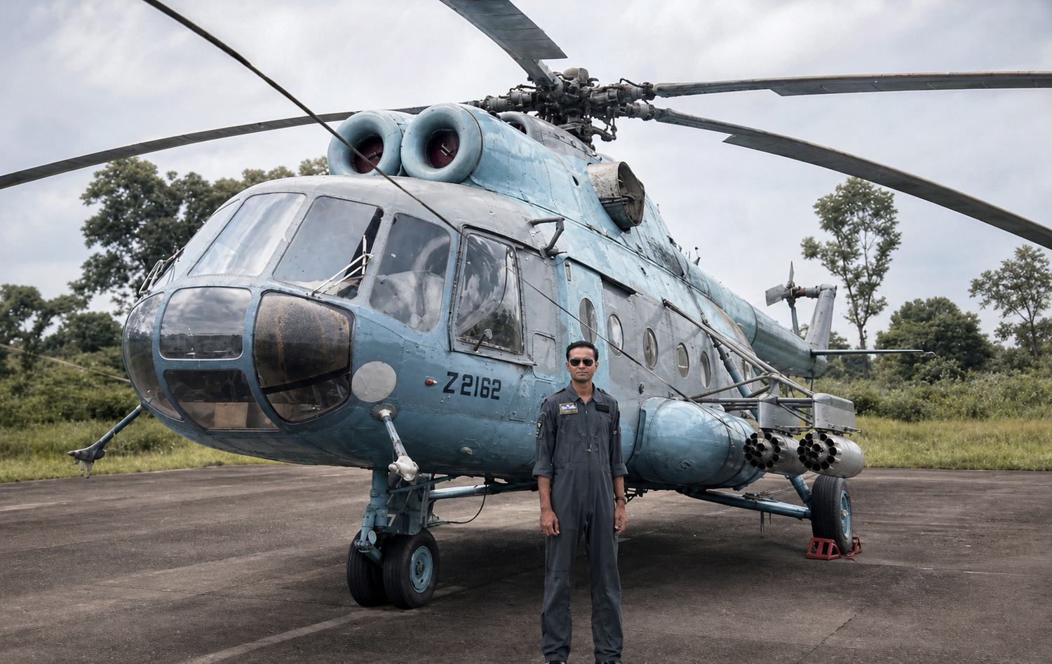 A photo Wing Commander Sharad Dominic Gaur in flying overalls standing in front of an Air Force helicopter