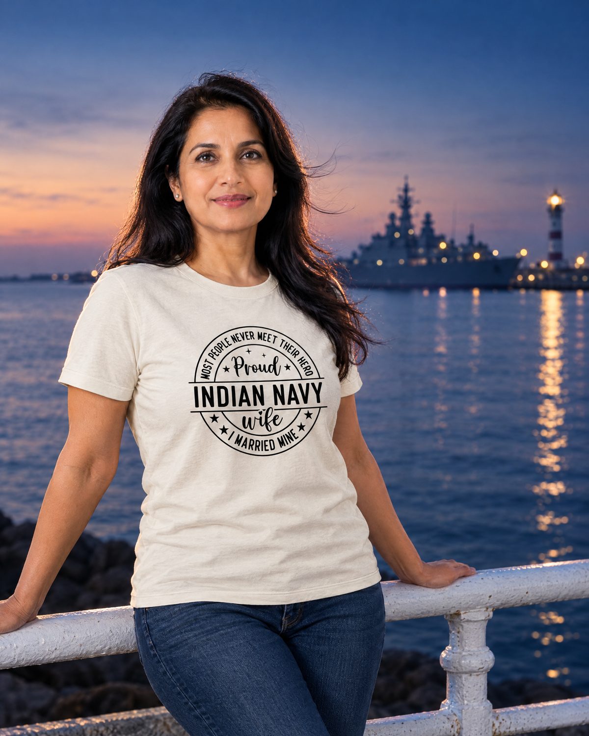 Woman on a naval harbour promenade at dusk wearing the Proud Indian Navy Wife tee