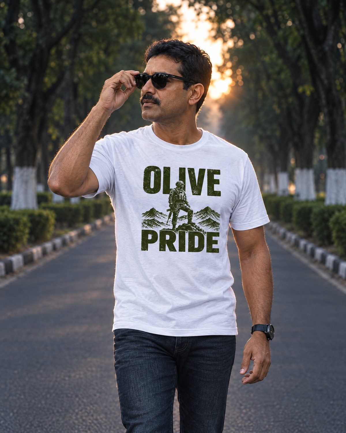 Man walking down a tree-lined cantonment road wearing the white Olive Pride tee