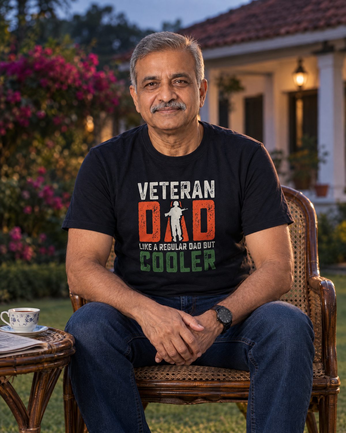 Silver-haired veteran seated on a cane chair in a bungalow garden wearing the Veteran Dad tee