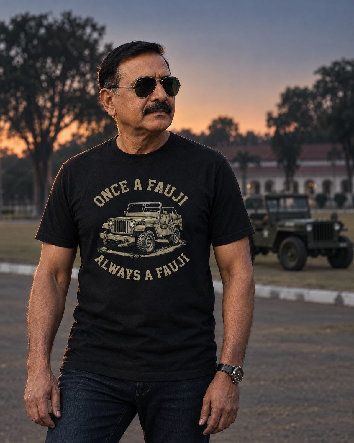 Veteran in aviator sunglasses wearing the Always a Fauji jeep tee on a cantonment parade ground