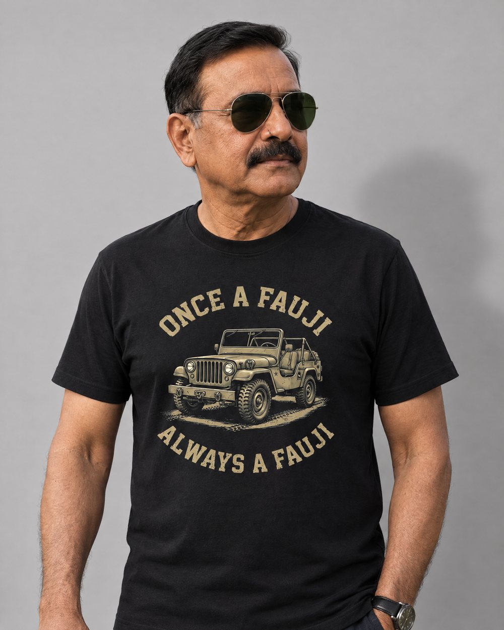 Always a Fauji t-shirt worn by a model