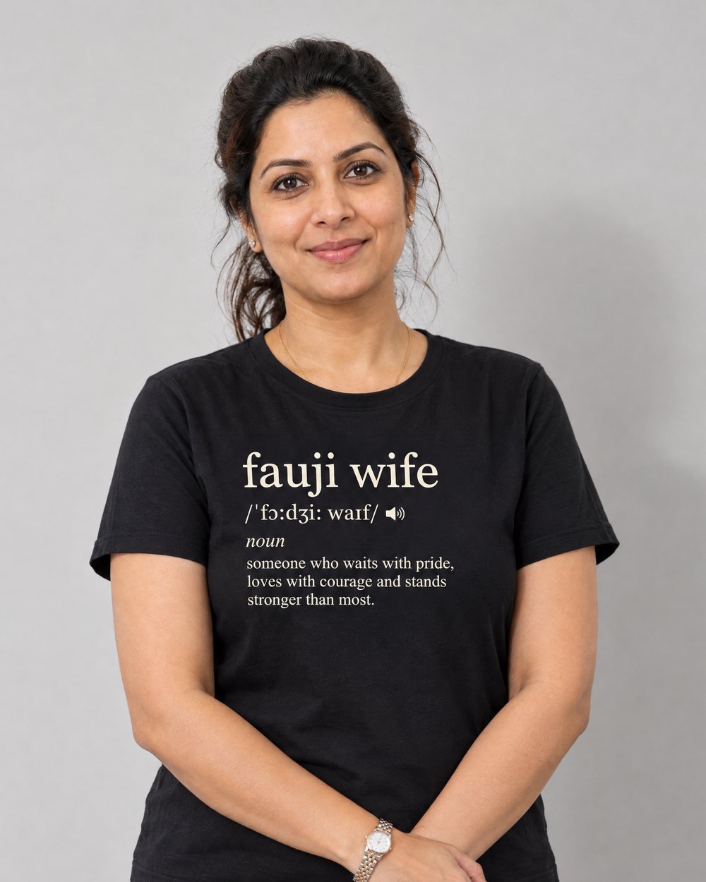 Fauji Wife Dictionary t-shirt worn by a model