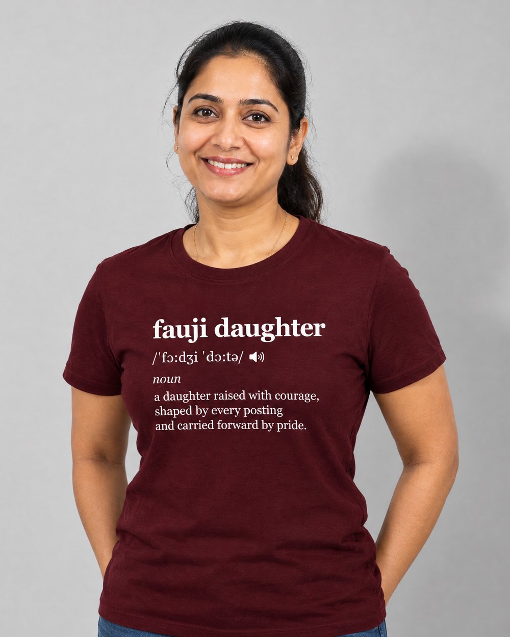 Fauji Daughter Dictionary t-shirt worn by a model