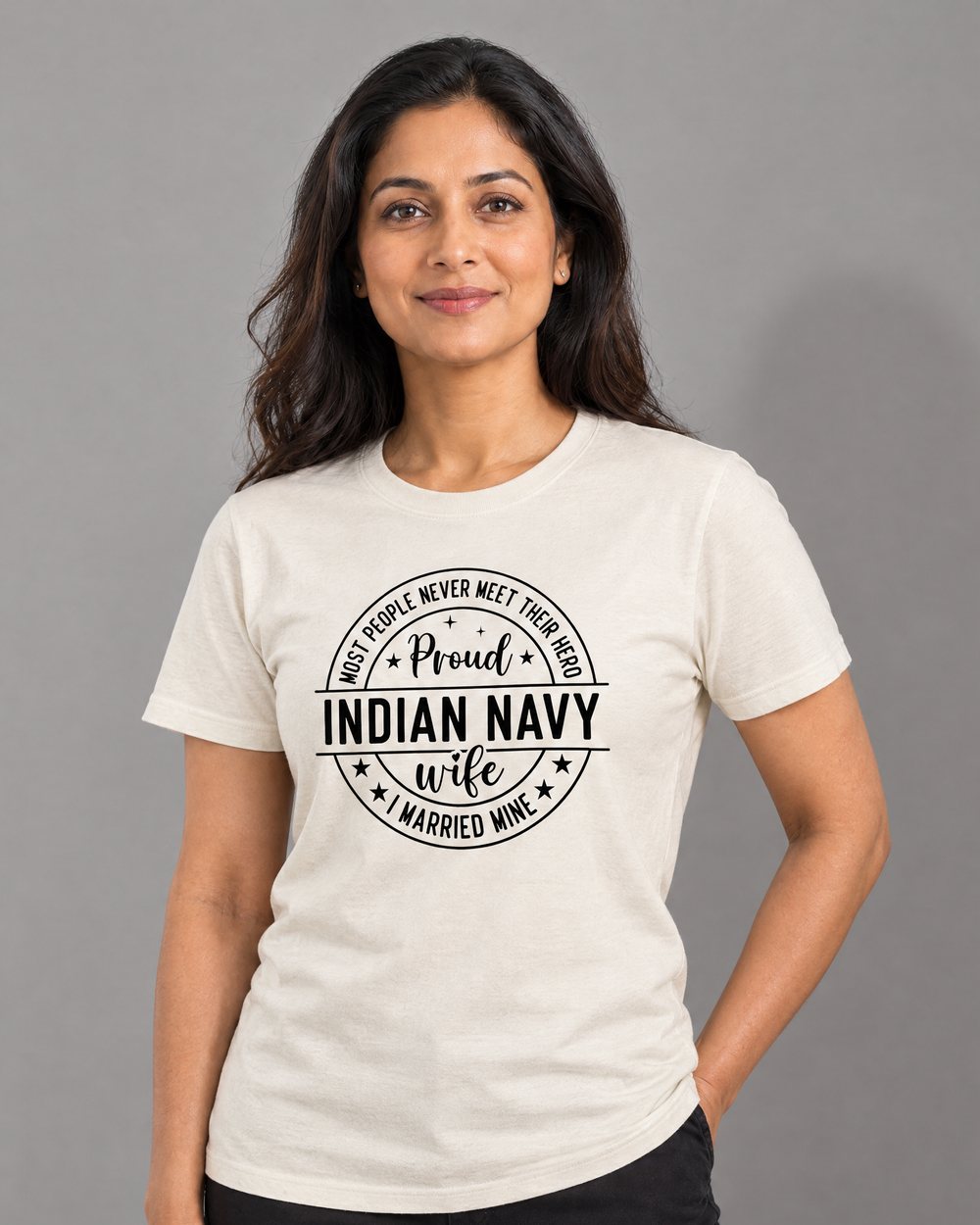 Proud Indian Navy Wife t-shirt worn by a model